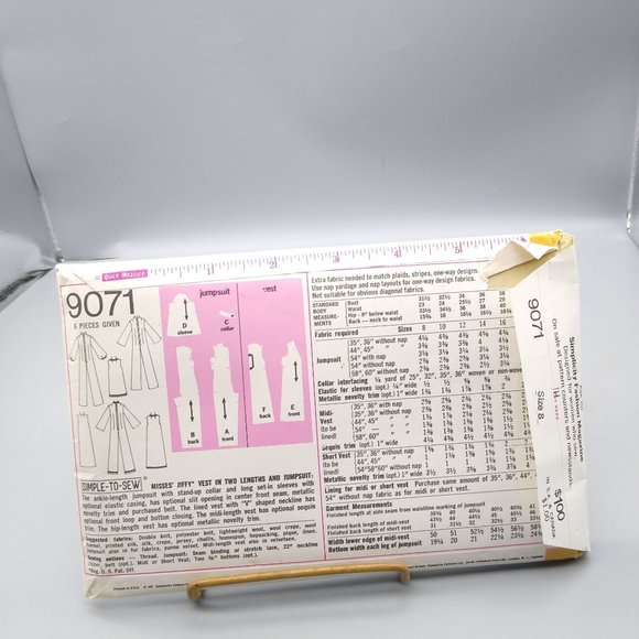 UNCUT Vintage Sewing PATTERN Simplicity 9071, Misses Jiffy 1970 Easy to Sew Vest - Picture 2 of 2